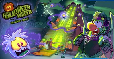 an image of halloween nights on the app store's webpage, with characters in costume Club Penguin Halloween Club Penguin Ghost, Club Penguin Halloween, Town Club Penguin, dim gray