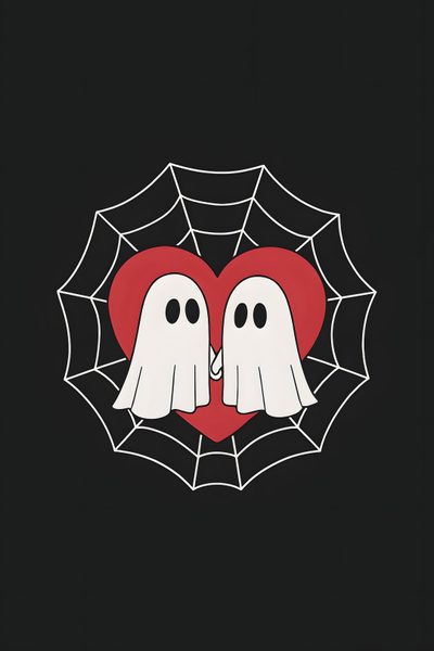 two white ghost heads in front of a red heart on a black background with spider web Halloween Valentines Halloween Heart, Ghost Face Valentines Day, Valentines Ghost, Valloween, black