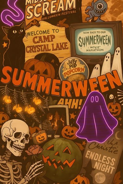 an image of halloween poster with pumpkins, ghost and other things on it's side Halloween Summerween Summer Ween, Summer Spooky, Summerween Aesthetic, Spooky Summer, saddle brown