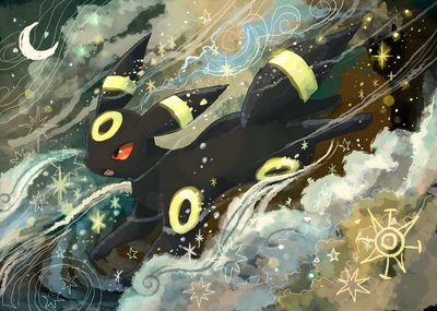 a painting of a black cat floating in the sky Umbreon Halloween 1920x1080 Umbreon Banner, Cosmic Umbreon, Dark Jolteon, Pokemon Eevee Dark, dim gray