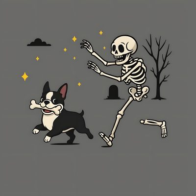 a skeleton running next to a dog with a bone in it's mouth, Halloween Boston Terrier Funny Boston Terriers, Boston Terrier Halloween, Boston Terrier Illustration, dim gray