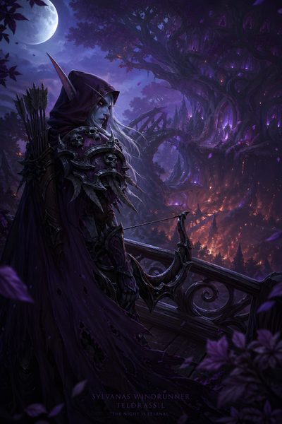 an image of a woman with long hair standing on a balcony in front of the moon World Of Warcraft Halloween Sylvanas, Forsaken Wow, World Of Warcraft, Warcraft, black