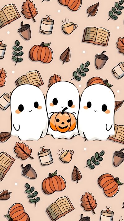 two ghost with pumpkins and books on a pink background, surrounded by autumn leaves Cute Halloween Bff Cute Ghost, Phone Backgrounds, Ghost, Halloween, wheat