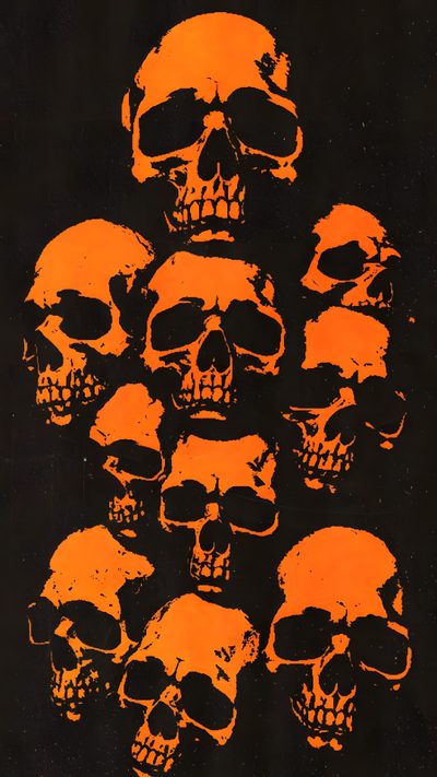 an orange and black poster with skulls on it Retro Halloween Orange Orange Skulls, Code Orange, Orange Phone, Dark Orange Things, Spooky Design, black