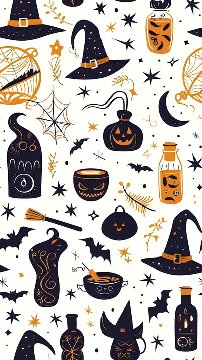 halloween seamless pattern with pumpkins, witches and booze bottles on white background Halloween Magic Potions Light Greysmall Witch Pattern Background, Background Halloween, Witch Background, floral white