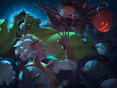 an image of some cartoon characters in front of a dark background with glowing eyes and arms Overwatch Halloween Overwatch Halloween Matching Pfp, Roadhog And Mercy, Halloween Mercy Fanart, dark slate gray