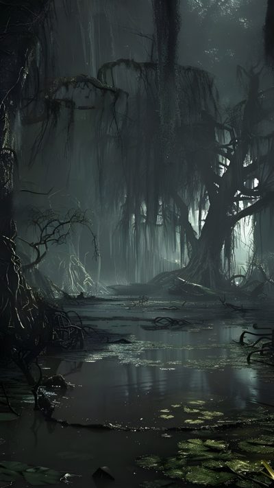 a swampy area with trees and water in the foreground, surrounded by moss Halloween Swamp Dark Jungle Cinematic, Bog Map, Fantasy Lands, Shadow Forest, Swamp Realm, dark slate gray