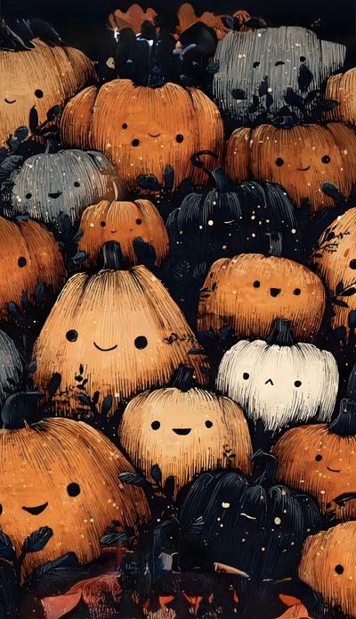 a large group of pumpkins with faces painted on them Halloween Pumpkins Non Traditional Spooky Fall Iphone, Iphone Halloween, Pumpkin Background, saddle brown