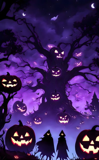 three jack o lantern pumpkins in front of a purple sky with bats and trees Purple Edgy Aesthetic Halloween Halloween Backgrounds, Halloween Cute, Halloween Scarecrow, midnight blue