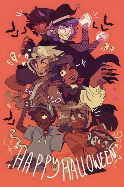 an image of halloween characters with the words happy halloween on it's back ground The Owl House Halloween The Owl House Halloween, Owl House Halloween, Luz Noceda Halloween, indian red