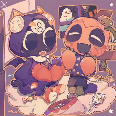 two cartoon cats sitting on top of a bed next to each other, one holding a pumpkin Dandys World Halloween Toons Dandy Comic, Dandy, World Art, Castlevania, Dibujos Animados Bonitos, World, gray
