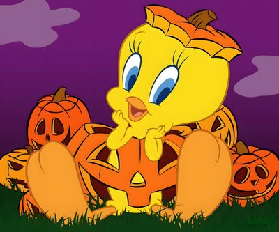 a yellow bird sitting on top of a pile of pumpkins in front of a purple sky Tweety Bird Halloween Tweety Bird Thanksgiving, Tweety Bird Halloween Coloring Pages, Tweety Bird Halloween, sienna