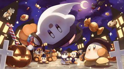 an animated halloween scene with pumpkins and characters Kirby Halloween 4k Kirby Halloween Matching Pfp, Kirby Halloween Pfp, Kirby Fall, Nintendo Halloween, dim gray