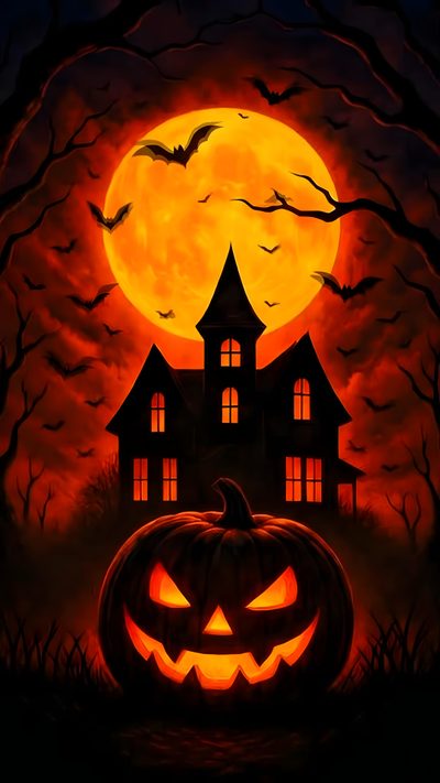 a painting of a halloween pumpkin in front of a house with bats flying around it Apple Iphone Halloween Halloween Pictures Pumpkin, Animated Halloween, Scary Halloween Pumpkin, black
