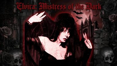 an image of a woman with her hands up in the air, surrounded by skulls Elvira Halloween Elvira Mistress Of The Dark, Dark, black