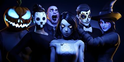a group of people dressed up in halloween costumes with pumpkins and skulls on their faces Fortnite Halloween Fortnite Graveyard, Fortnite Halloween 2020, Nightmare Before Christmas Fortnite, black