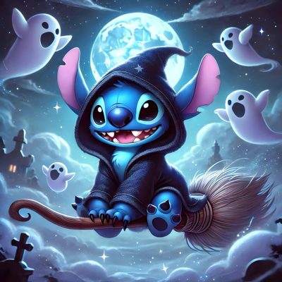 a cartoon character sitting on top of a broom in front of some ghost's Stitch Halloween For Ipad Cute Halloween Stitch Pictures, Halloween Stitch Pictures, Pictures Of Stitch Halloween, steel blue