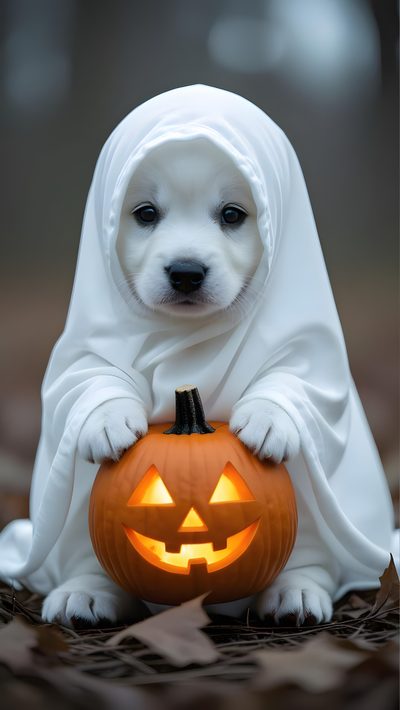 a dog dressed up as a ghost holding a pumpkin Halloween Dog Ghost Cute Animals Kawaii, Cute Halloween Puppy, Cute Halloween Puppy Backgrounds, dim gray