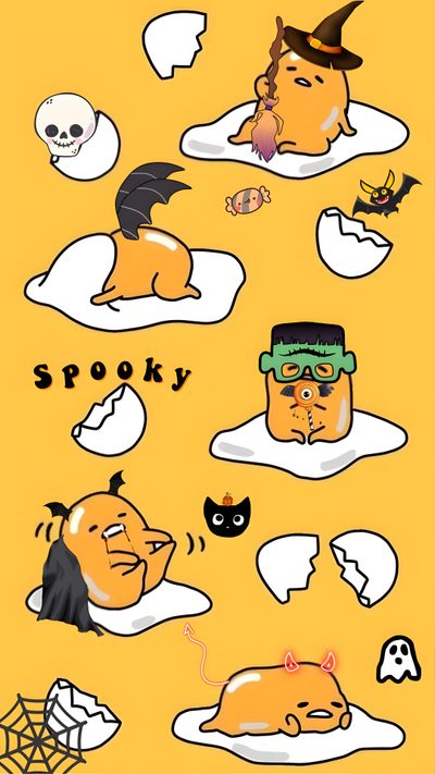 an image of some cartoon characters with different expressions Gudetama Halloween Gudetama Wall Paper, Gudetama Autumn, Halloween, Gudetama Pumpkin Carving, sandy brown