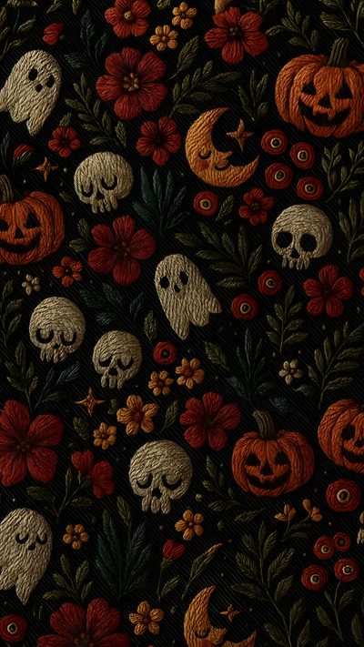 a black background with skulls, flowers and pumpkins Halloween Themed Bathroom Simple Halloween Backgrounds, Iphone Spooky, Ipad Spooky, Spooky Fall Phone, black