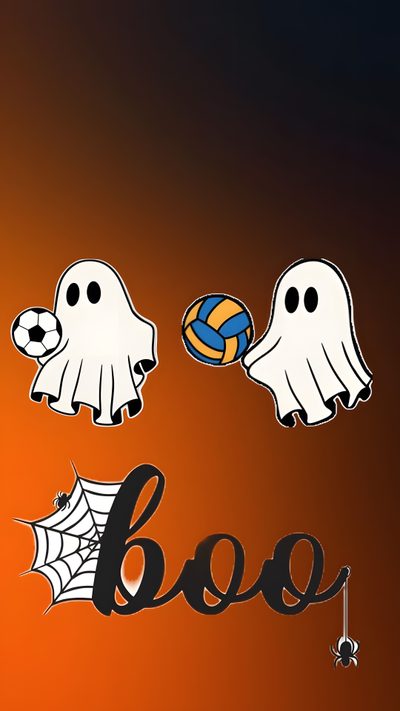 three ghost stickers with the word boo spelled out in front of them and two volleyball balls Volleyball Halloween Ghost Playing Volleyball, Football And Volleyball, Fall Soccer, saddle brown