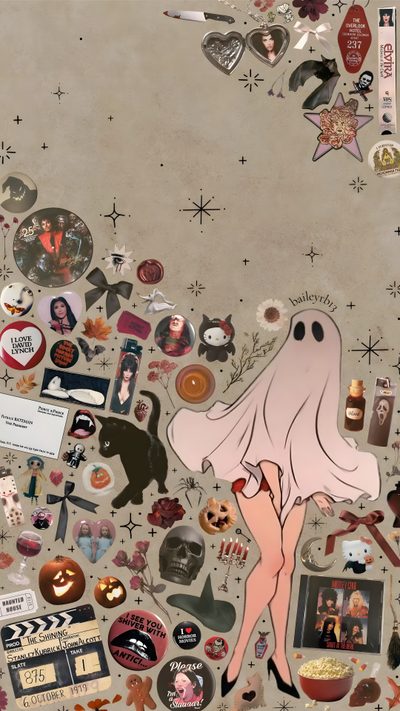 an image of a woman surrounded by stickers Halloween Girl Aesthetic Phone Halloween Aesthetic, Aesthetic Lock Screen Cute Halloween, Cute Spooky Aesthetic Iphone, rosy brown