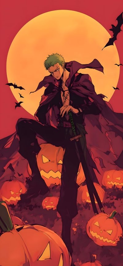 an anime character standing in front of pumpkins with his arms out and hands on his hips Halloween One Piece One Piece Fall, Zoro Nightmare Before Christmas, Christmas One Piece Background, brown