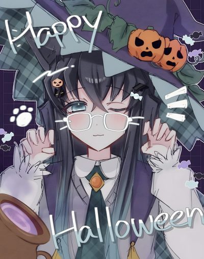 a girl with long black hair wearing a witches hat and holding her hands up to her face Halloween Muichiro Drawings, dim gray
