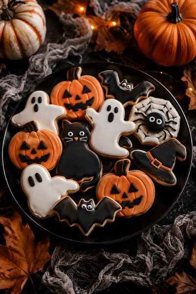 decorated halloween cookies on a plate with pumpkins Halloween Cookie Family Baking, Classroom Treats, Halloween Desserts, Halloween Cakes, Cute Cookies, black