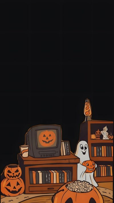 a halloween scene with pumpkins and a tv 90s Halloween Phone Fall Halloween Iphone, Fall Themed, Halloween Cozy Vibes, Halloween Iphone Vintage, black