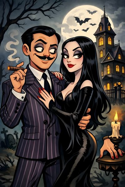 a man and woman dressed up as dracula and batgirl in front of a spooky house Halloween Addams Family Gomez And Morticia Fanart, Morticia And Gomez Addams, Addams Family Theme, dark slate gray