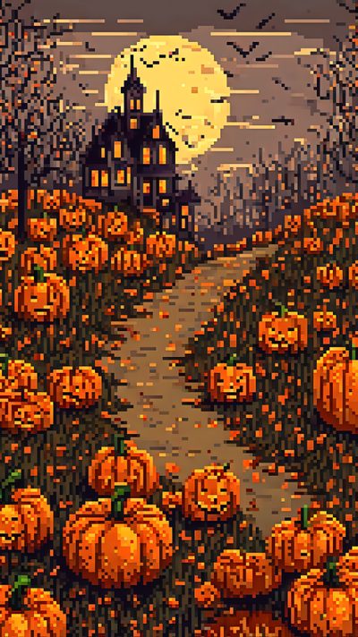 an image of a halloween scene with pumpkins in the foreground and a castle in the background 8 Bit Halloween Spooky Halloween Pixel Art, Pixel Template, Autumn Phone Backgrounds, saddle brown