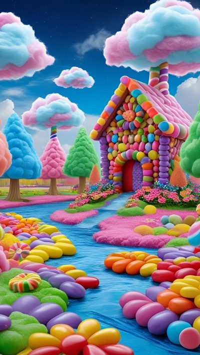 a painting of a house in the middle of a river with candy land around it Halloween Candy House Pics Of Candy Land, Pictures Of Candyland, Candy Land Pics, light slate gray