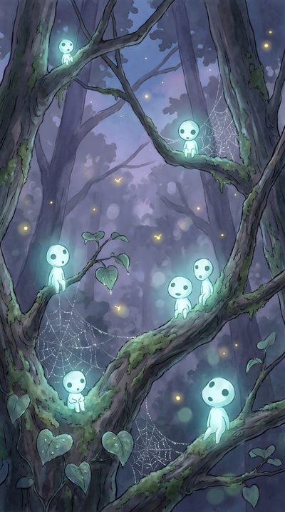 an image of some kind of tree with glowing lights in the branches and small creatures on it Ghibli Halloween Forest Spirits Mononoke, Forest Spirits Studio Ghibli, Ghibli Kindle, dim gray