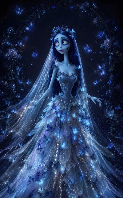 a woman in a blue dress with flowers on her head and long hair, standing in front of a dark background Halloween Iphone Corpse Bride Emily Tim Burton, Corpse Bride, Corpse Bride Art, Match Profile, midnight blue