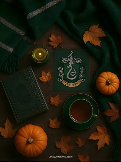 a harry potter book surrounded by autumn leaves and pumpkins with a cup of tea Slytherin Halloween Instagram, Slytherin House, Hogwarts, Harry Potter, black