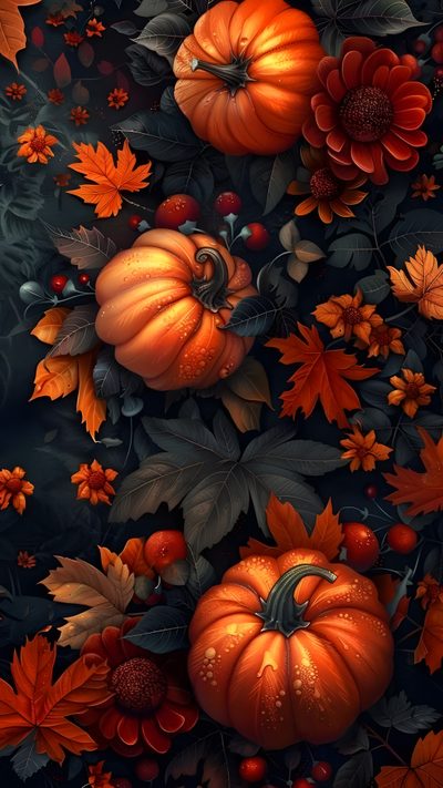 a painting of pumpkins, leaves and flowers on a black background with red berries Halloween Flowers Happy Halloween Desktop, Pumpkin Backgrounds, Halloween Lockscreen Iphone, black