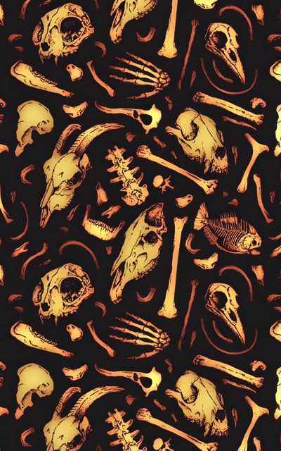 a bunch of skulls and bones on a black background with gold foiling in the middle Halloween X-ray - Tan & Black Cryptid Laptop, Ao3 Skin Ideas, Bones Background Aesthetic,