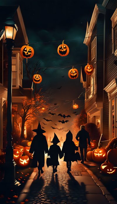 two children are walking down the street at night with pumpkins in the sky above them Large Scale Halloween Trick Or Treats Halloween Trick Or Treat, Halloween Town Movie, Halloween Town Background, black