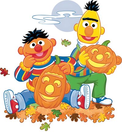 two cartoon characters sitting on the ground with pumpkins in front of them, one holding a Sesame Street Halloween Sesame Street Halloween Clipart, Sesame Street Characters Halloween, Bert And Ernie Pumpkin, misty rose