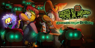 the cartoon characters are in front of a halloween themed sign that says, beware the blobs Club Penguin Halloween Club Penguin Halloween Costume, Club Penguin Theater, Halloween Club Penguin, black