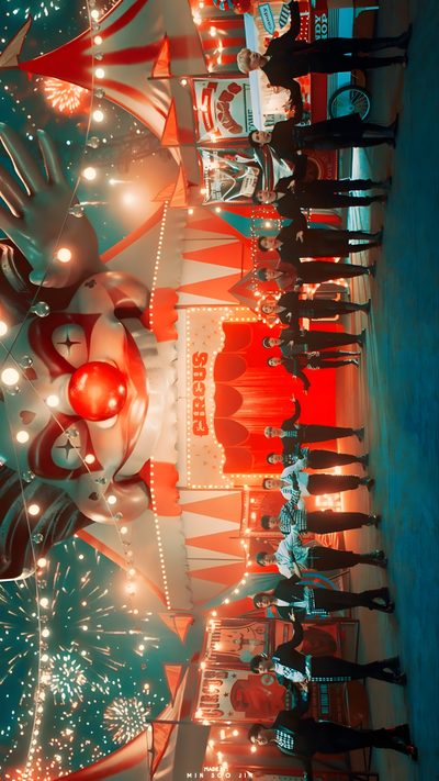 a group of people standing next to each other in front of a carnival ride at night Stray Kids Halloween Laptop Circus Desktop, Stray Kids Halloween Laptop, Straykids Landscape, dark olive green