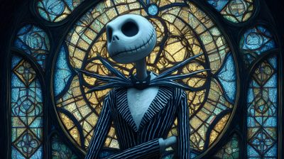 the animated character jack skellingy is sitting in front of a stained glass window Disney Halloween Desktop Jack Skellington Pc, Nightmare Before Christmas, Fond D Ecran, dark slate gray