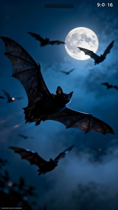bats flying in the night sky with a full moon behind them Halloween Bat Iphone Bat Images, Bat Photo, Bats Flying, Bats Flying In The Night, midnight blue