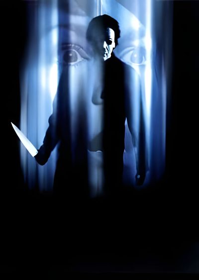 a man holding a knife standing in front of a blue light with an evil face on it Halloween H20 Halloween H2o Poster, Halloween H20 1998 Poster, Halloween 5 Michael Myers, black