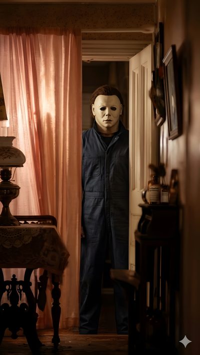 a person in a creepy mask standing at the entrance to a room with an ironing board Halloween Film Halloween, Michael Myers, Michael Myers Halloween, Horror Villains, Horror Movies, black