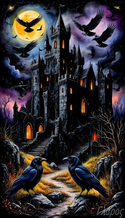 Spooky Castle With Bats, Halloween Dark Castle, Scary Castle Wallpaper, Haunted Castle Wallpaper, Halloween Castle Art, Spooky Haunted Castle Wallpaper, Castle Halloween, Creepy Castle Wallpaper, Halloween Castle Vintage Halloween- Bobcats Castle Spooky Castle With Bats, Halloween Dark Castle, Scary Castle, black