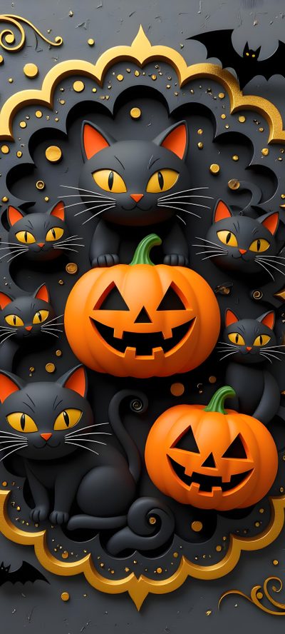 three black cats with pumpkins in front of them on a gray background, surrounded by gold and black swirls Halloween Pumpkins Non Traditional Pumpkin, Cute For Android, Halloween Backdrop, dark slate gray