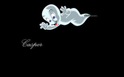 an animated ghost floating in the air with caption casperer on it's back Casper Halloween Casper Movie Background, Casper 1995, Casper 3d, Cute Casper, Casper 4k, black
