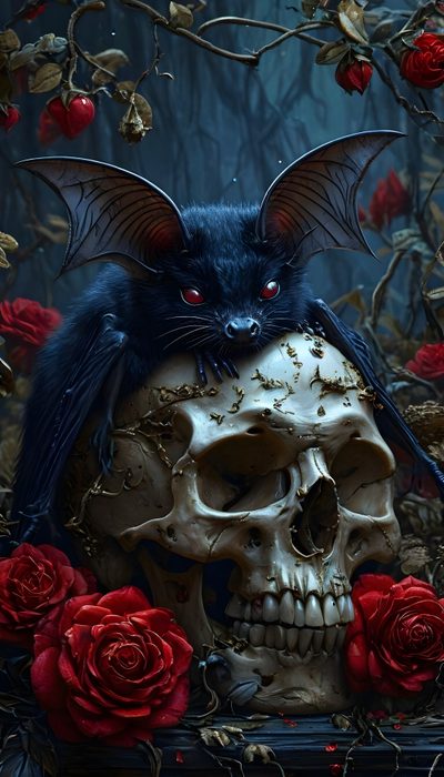a bat sitting on top of a human skull with red roses in front of it Halloween Skull And Bat Bat Skull Art, Spooky Skull, Bat Skull, Vampire Skull Art, Creepy Skull, black